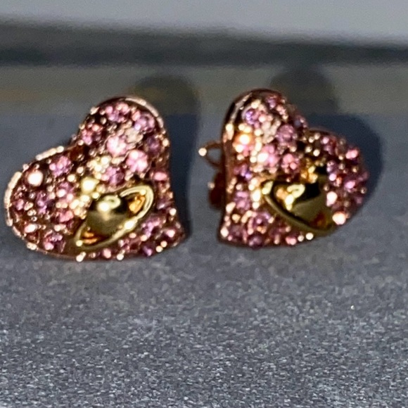 Vivienne Westwood Timy Diamante Heart Earrings Pink and Gold - Picture 11 of 16